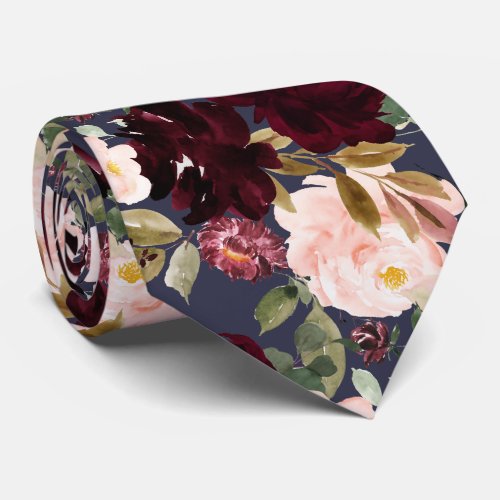 Watercolor Flowers Burgundy Blush Navy Neck Tie