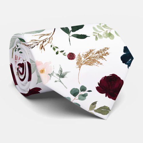 Watercolor Flowers Burgundy Blush Navy Roses Neck Tie