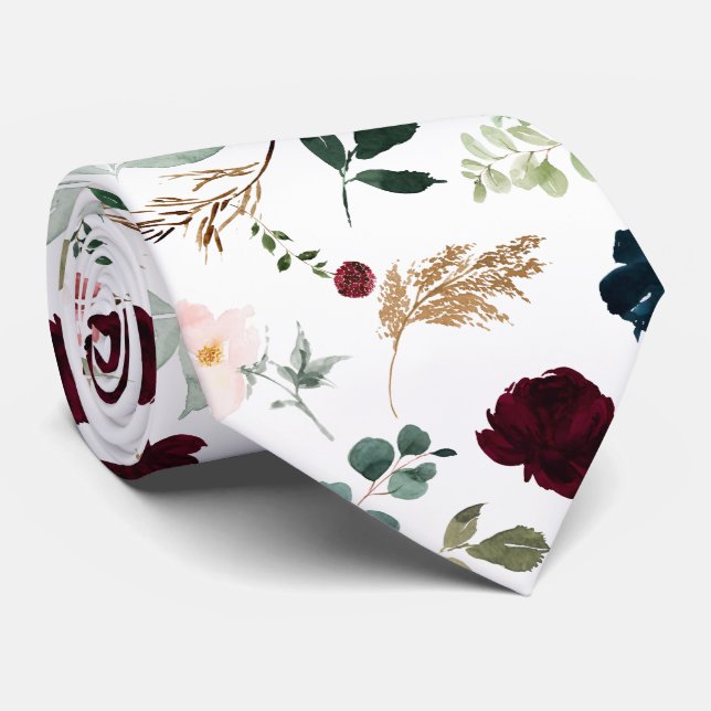 Watercolor Flowers Burgundy Blush Navy Roses Neck Tie (Rolled)