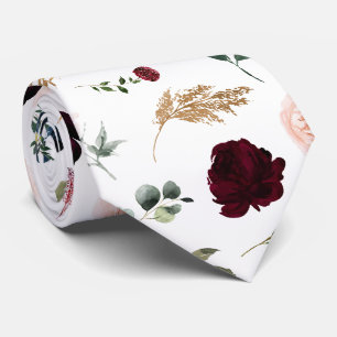 Watercolor Flowers Burgundy Blush Navy Roses Neck Tie