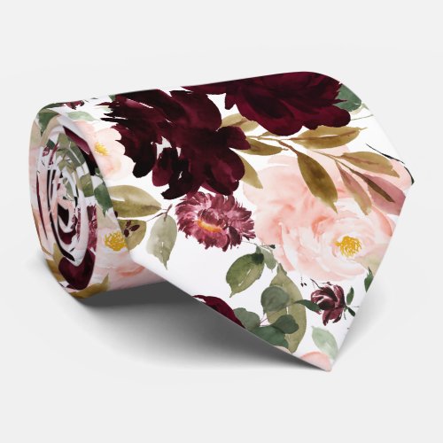 Watercolor Flowers Burgundy Blush  Neck Tie