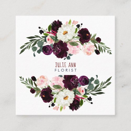 WATERCOLOR FLOWERS BURGUNDYBLUSH SQUARE BUSINESS CARD