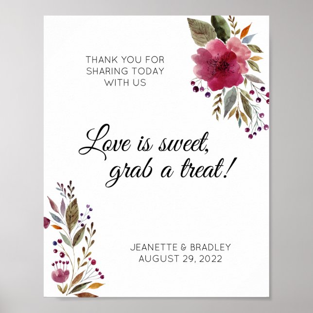 Watercolor Flowers Burgundy Greenery Candy Buffet Poster (Front)