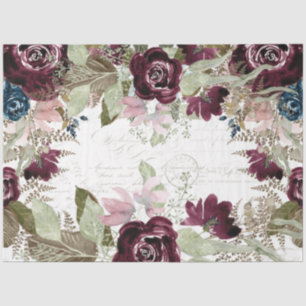 Watercolor Flowers Burgundy Navy Script Decoupage Tissue Paper