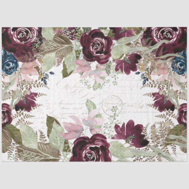 Watercolor Flowers Burgundy Navy Script Decoupage Tissue Paper (Front)