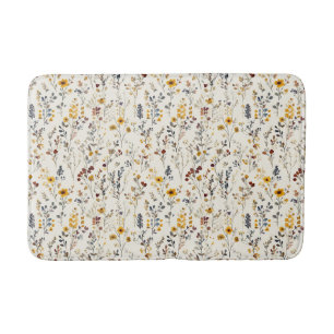 Watercolor Flowers Burgundy Yellow Blue Green Bath Mat