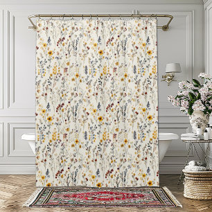 Watercolor Flowers Burgundy Yellow Blue Green Shower Curtain