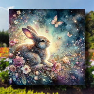 Watercolor Flowers Butterflies Bunny Easter Holiday Card