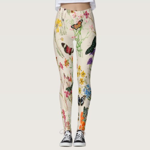 Watercolor Flowers  Butterflies Floral Garden Leggings