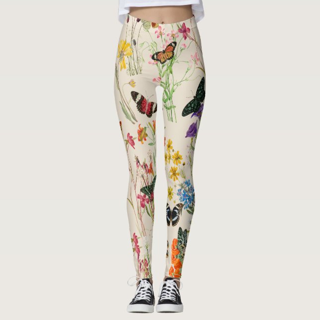 Watercolor Flowers & Butterflies Floral Garden Leggings (Front)