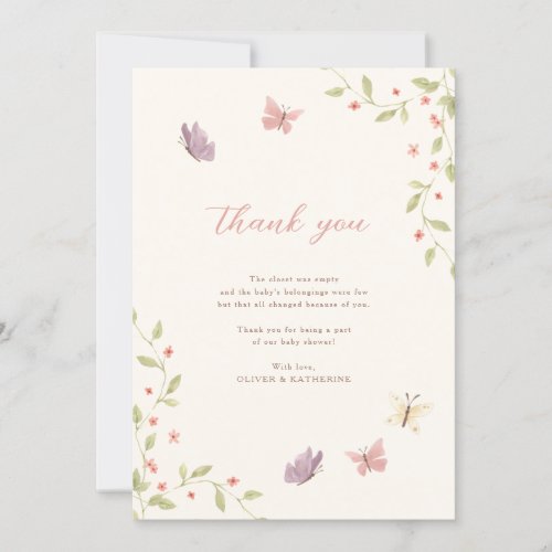Watercolor Flowers  Butterflies Girl Baby Shower Thank You Card