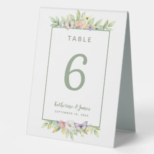 Watercolor Flowers Butterflies Wedding Sage Green Table Tent