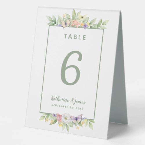 Watercolor Flowers Butterflies Wedding Sage Green Table Tent Sign