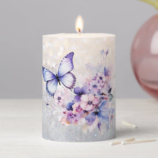 Watercolor Flowers & Butterfly Pillar Candle (In Situ)