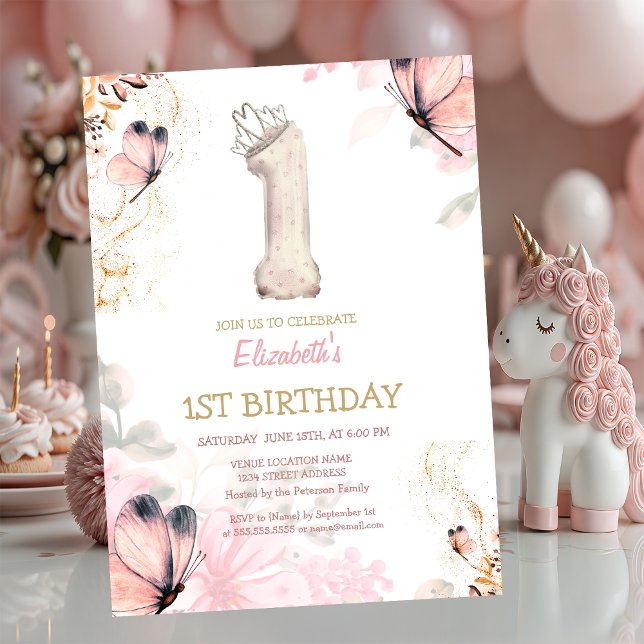 Watercolor Flowers Butterfly Striped 1s Birthday  Invitation (Creator Uploaded)