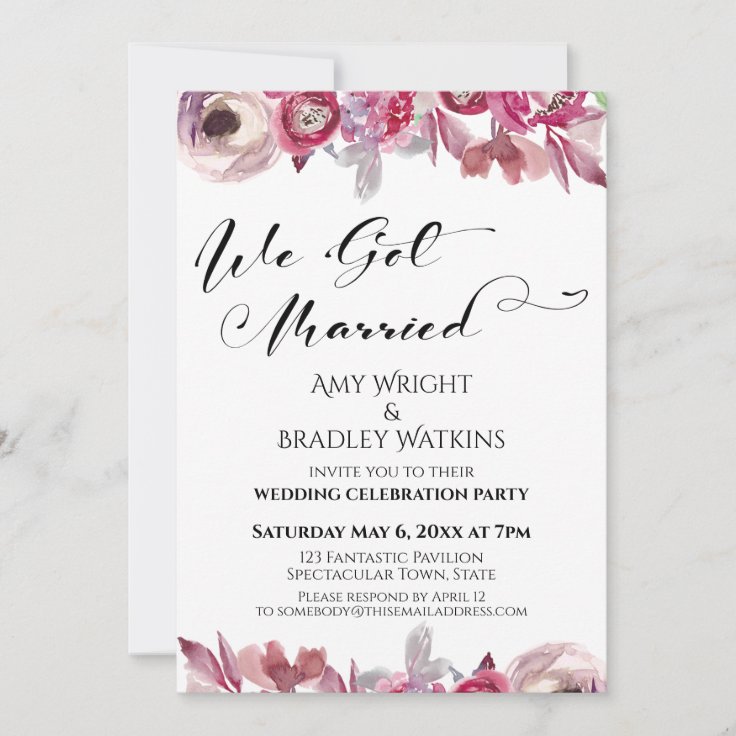 Watercolor Flowers Calligraphy We Got Married Invitation | Zazzle