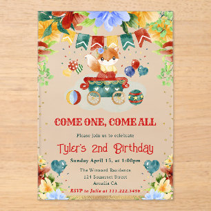 Watercolor Flowers Circus Fox Kids Birthday Acrylic Invitations