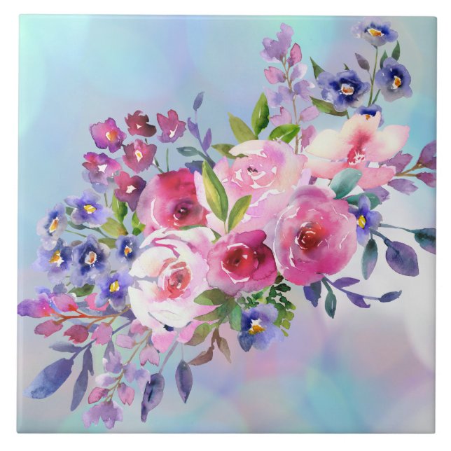 Watercolor Flowers Coaster Ceramic Tile Hot Plate (Front)