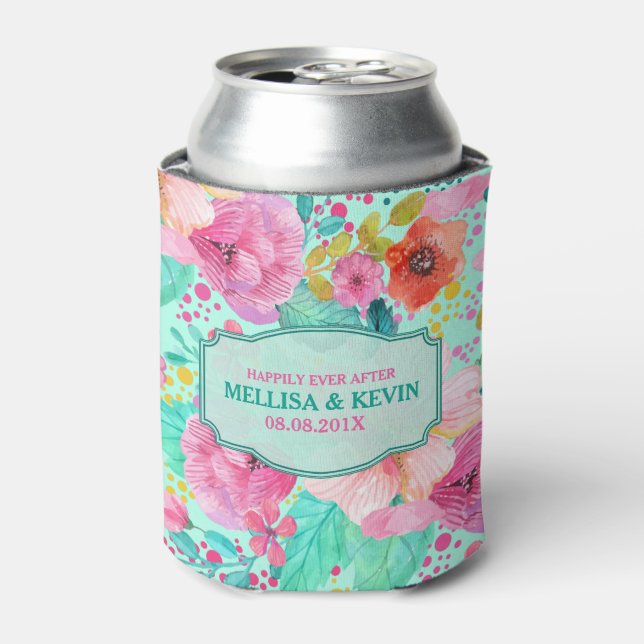 Watercolor Flowers Collage Wedding Template Can Cooler (Can Front)