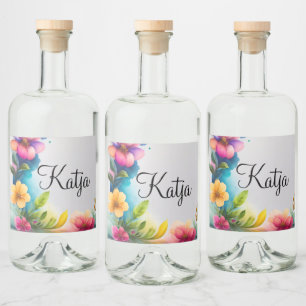 Watercolor flowers colorful liquor bottle label