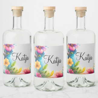 Watercolor flowers colorful liquor bottle label