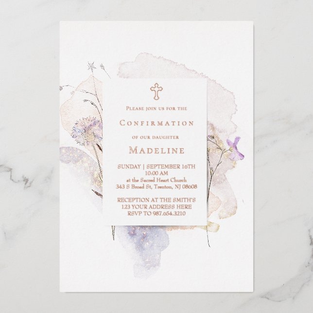 watercolor flowers Confirmation Foil Invitation (Front)