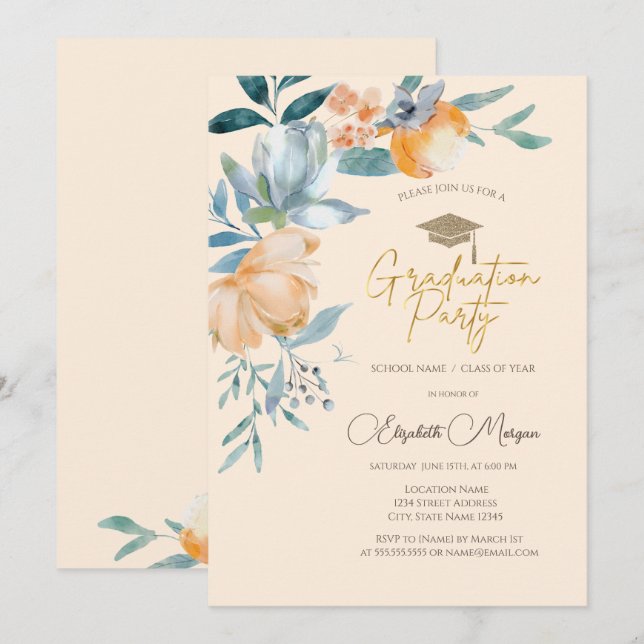 Watercolor Flowers Cream Graduation Party Invitation (Front/Back)