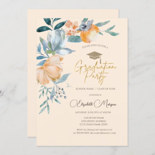 Watercolor Flowers Cream Graduation Party Invitation