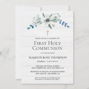 Watercolor Flowers Cross Digital 1st Communion Invitation