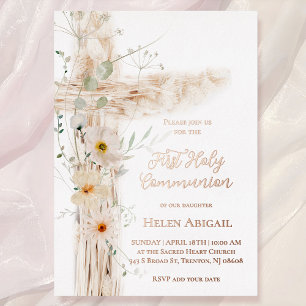 watercolor flowers cross First Communion Foil Invitation