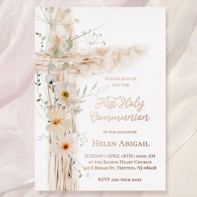 watercolor flowers cross First Communion Foil Invitation (Creator Uploaded)