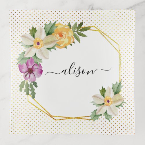 Watercolor flowers cursive script calligraphy trinket tray