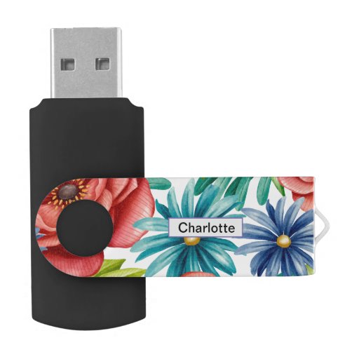 Watercolor flowers Custom name and pattern Flash Drive