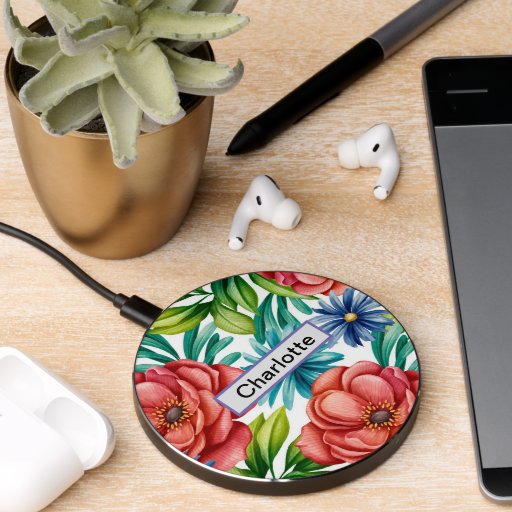 Watercolor flowers Custom name and pattern Wireless Charger