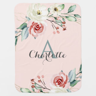 Watercolor Flowers Custom Name Monogram Pink Baby Blanket