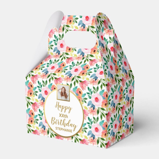 Watercolor Flowers, Custom Photo, Happy Birthday Favor Boxes (Front Side)
