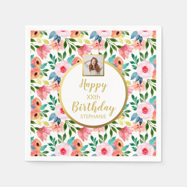 Watercolor Flowers, Custom Photo Text, Birthday Napkins (Front)