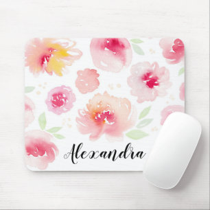 Watercolor Flowers Custom Script Name Mousepad