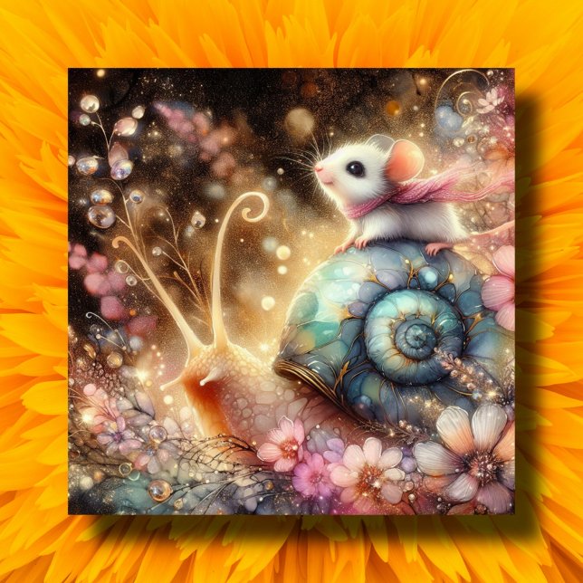Watercolor Flowers Cute Mouse On Snail Easter Holiday Card (Creator Uploaded)