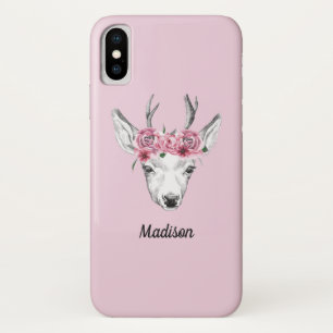 Watercolor Flowers Deer   Add Your Name iPhone X Case