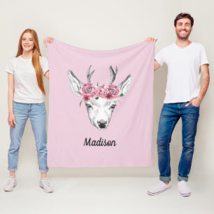 Watercolor Flowers Deer Add Your Name Fleece Blanket