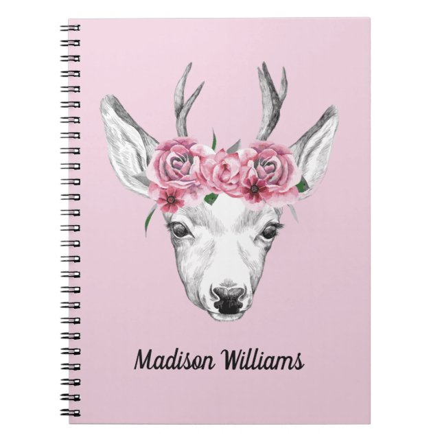 Watercolor Flowers Deer | Add Your Name Notebook (Front)