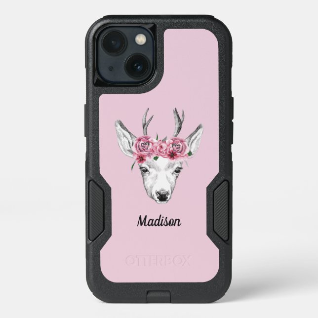 Watercolor Flowers Deer | Add Your Name Otterbox iPhone Case (Back)