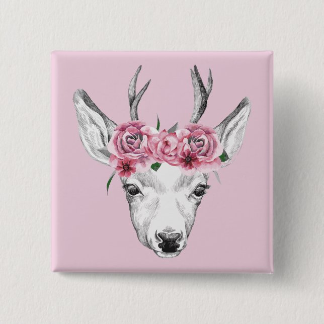 Watercolor Flowers Deer Button (Front)