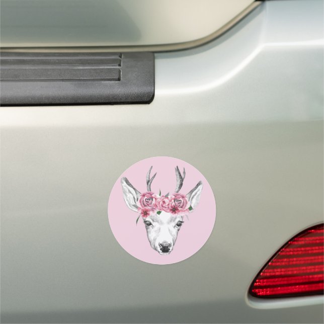 Watercolor Flowers Deer Car Magnet (In Situ)