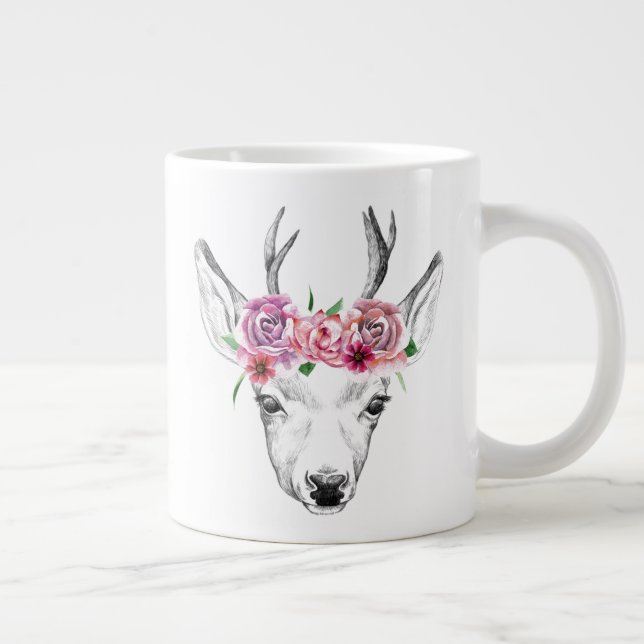Watercolor Flowers Deer Giant Coffee Mug (Right)