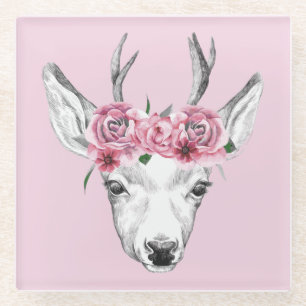 Watercolor Flowers Deer Glass Coaster