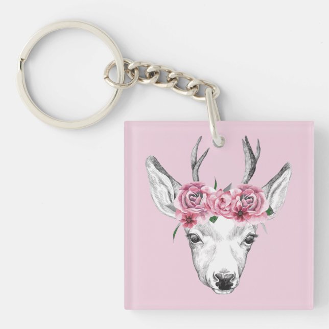 Watercolor Flowers Deer Keychain (Front)