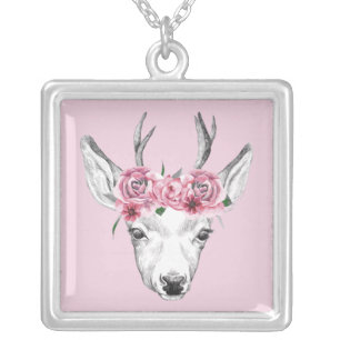 Watercolor Flowers Deer Silver Plated Necklace