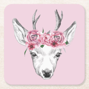 Watercolor Flowers Deer Square Paper Coaster